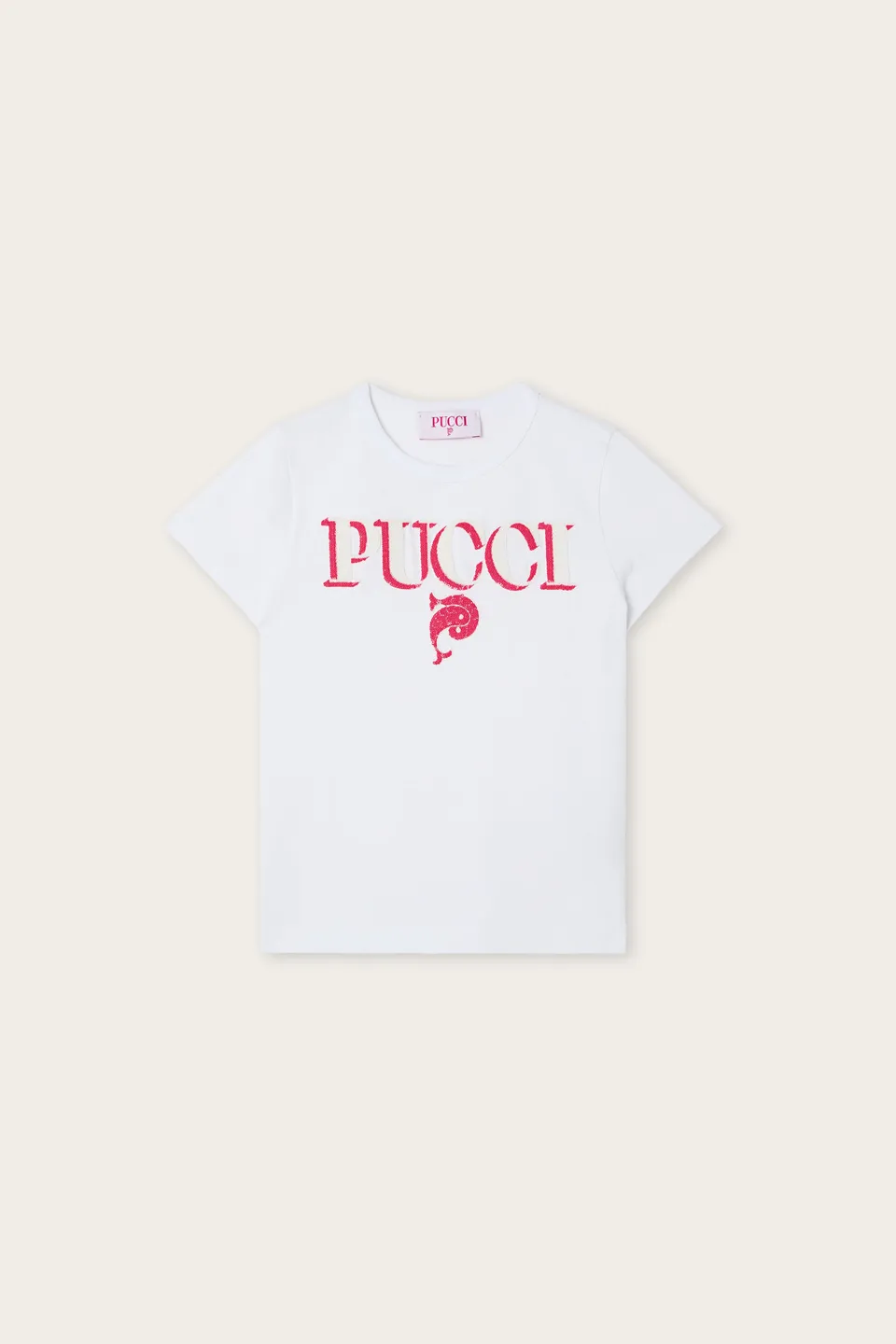 Emilio Pucci Logo t-shirt coton blanc fuchsia paillettes