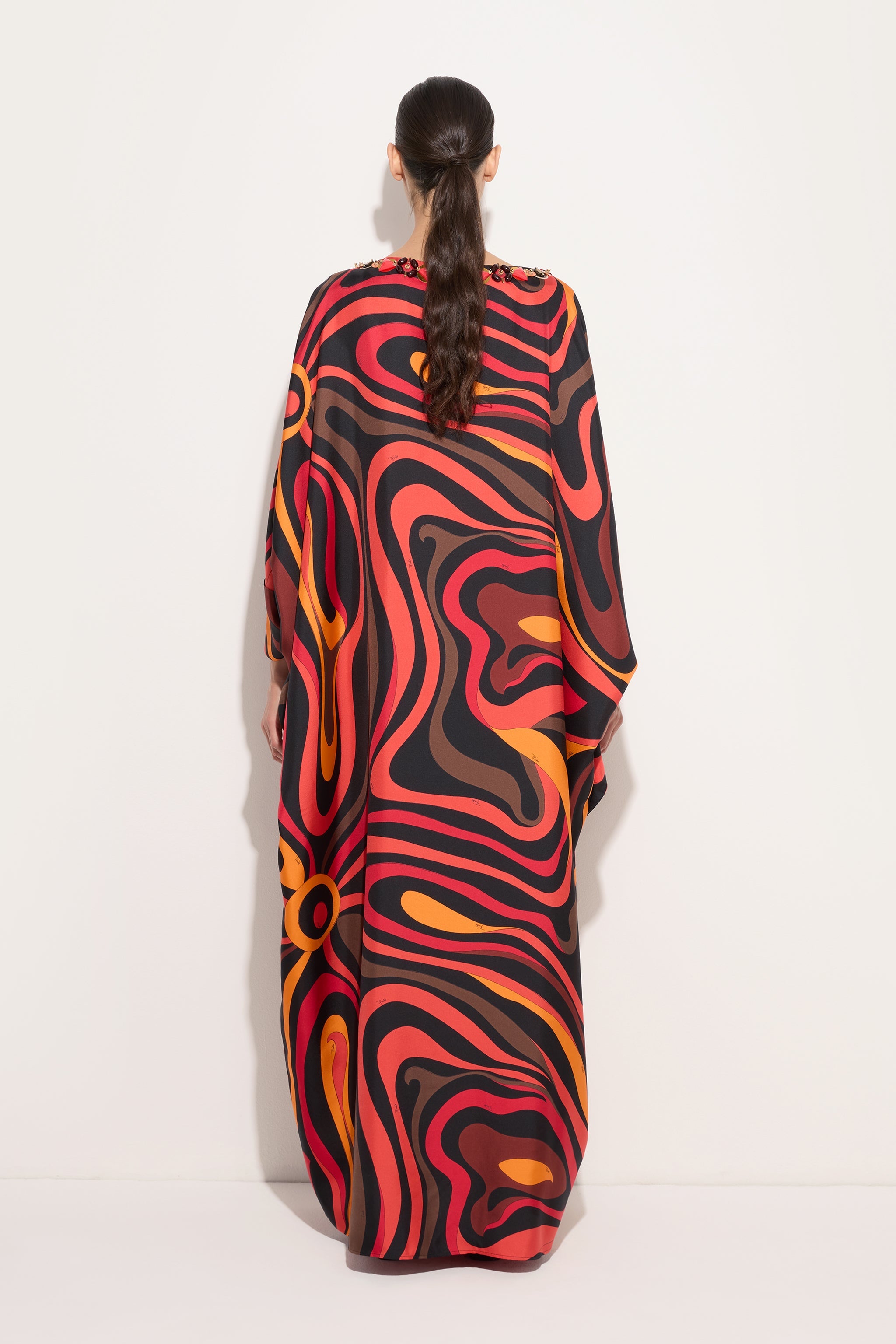 Emilio Pucci Marmo caftan soie orange noir broderie OS
