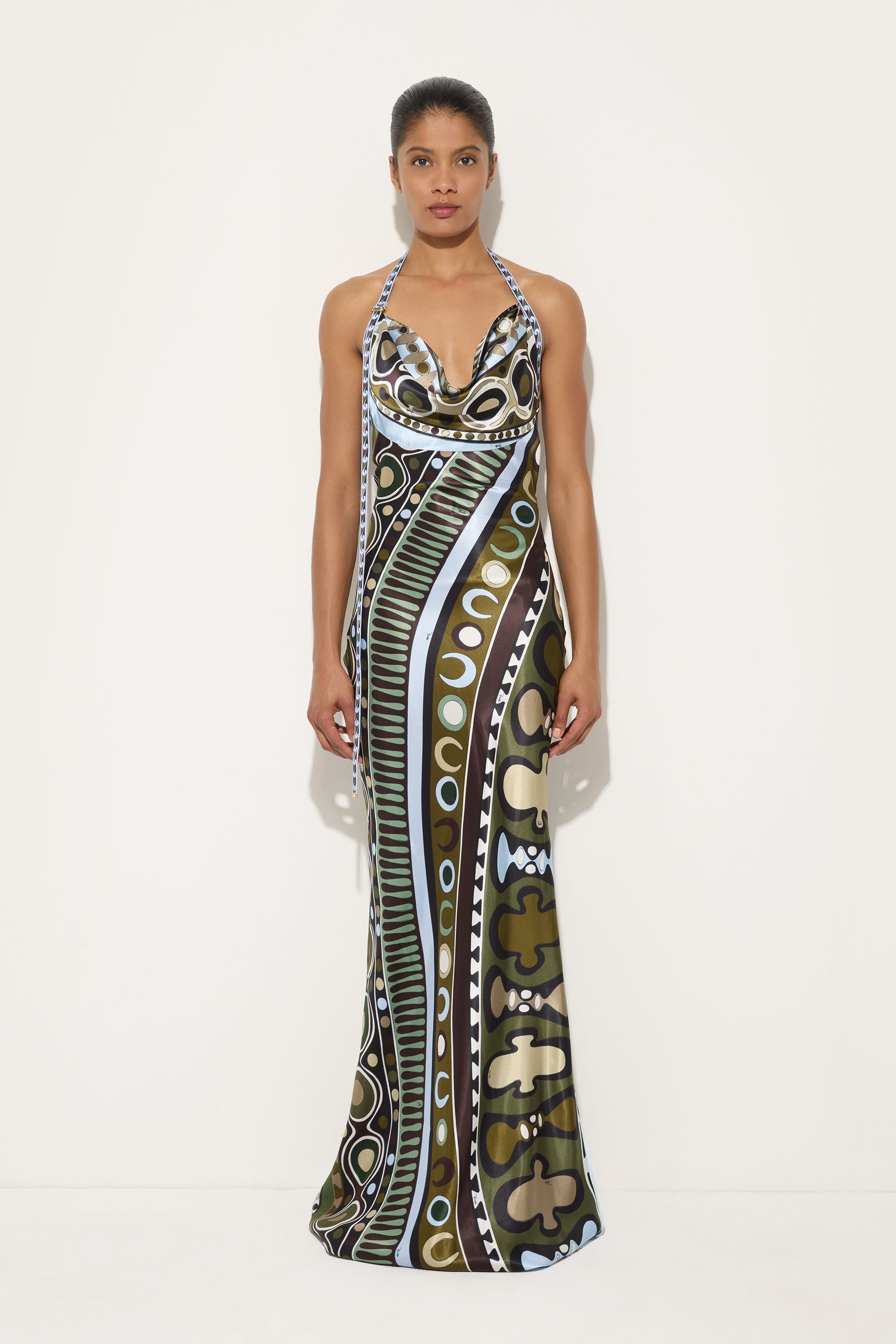 Emilio Pucci Soleil robe longue satin kaki bleu 38