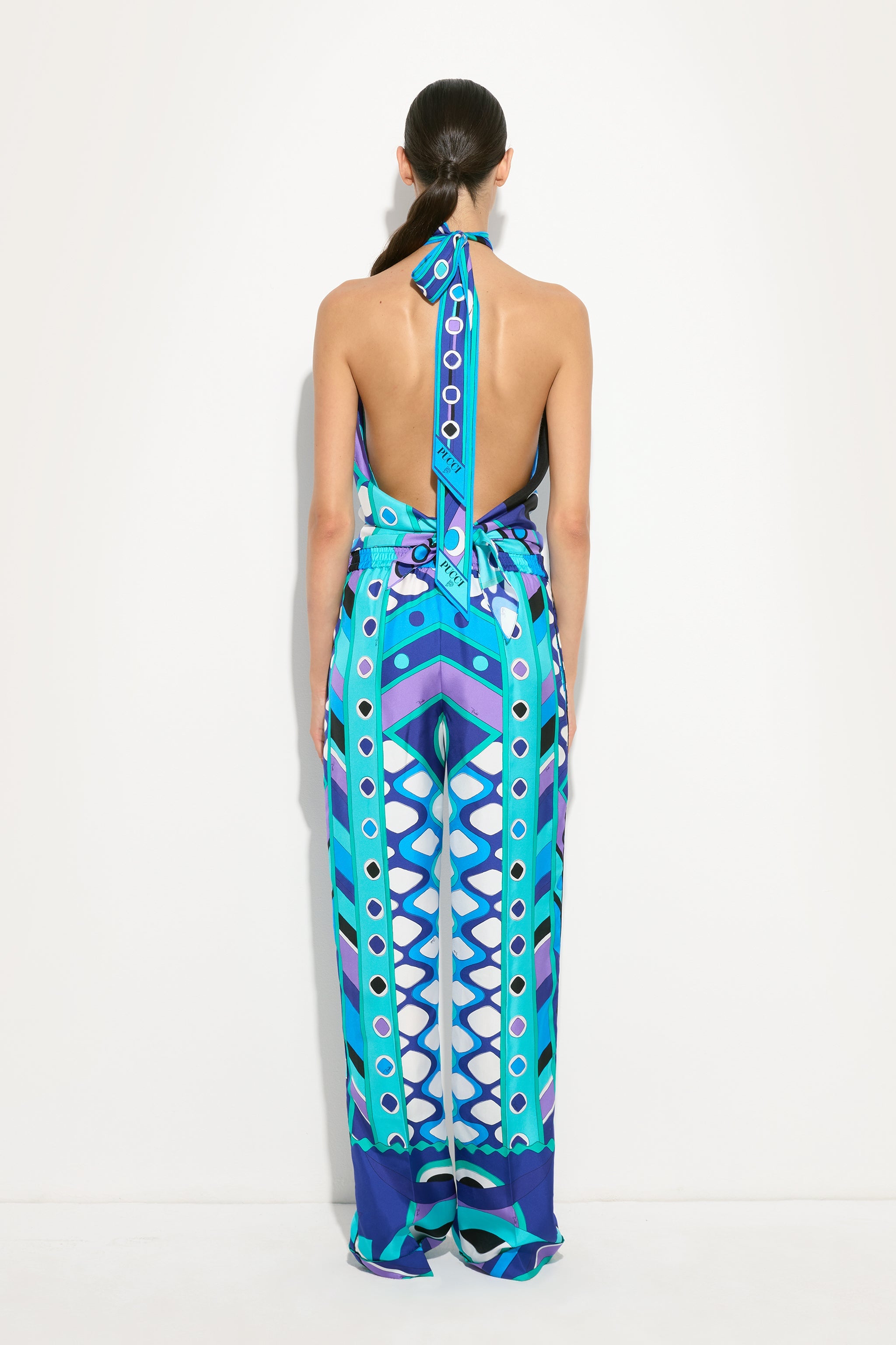 Emilio Pucci Vivara top soie turquoise col montant sans manches