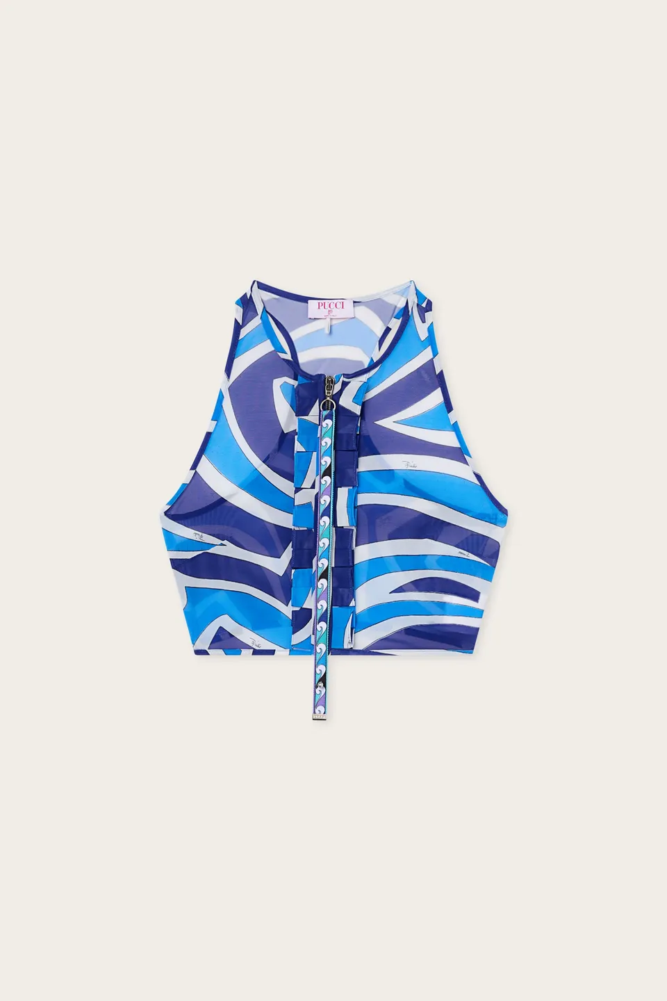 Emilio Pucci Top Mesh Turquoise Imprimé Labirinto Volants