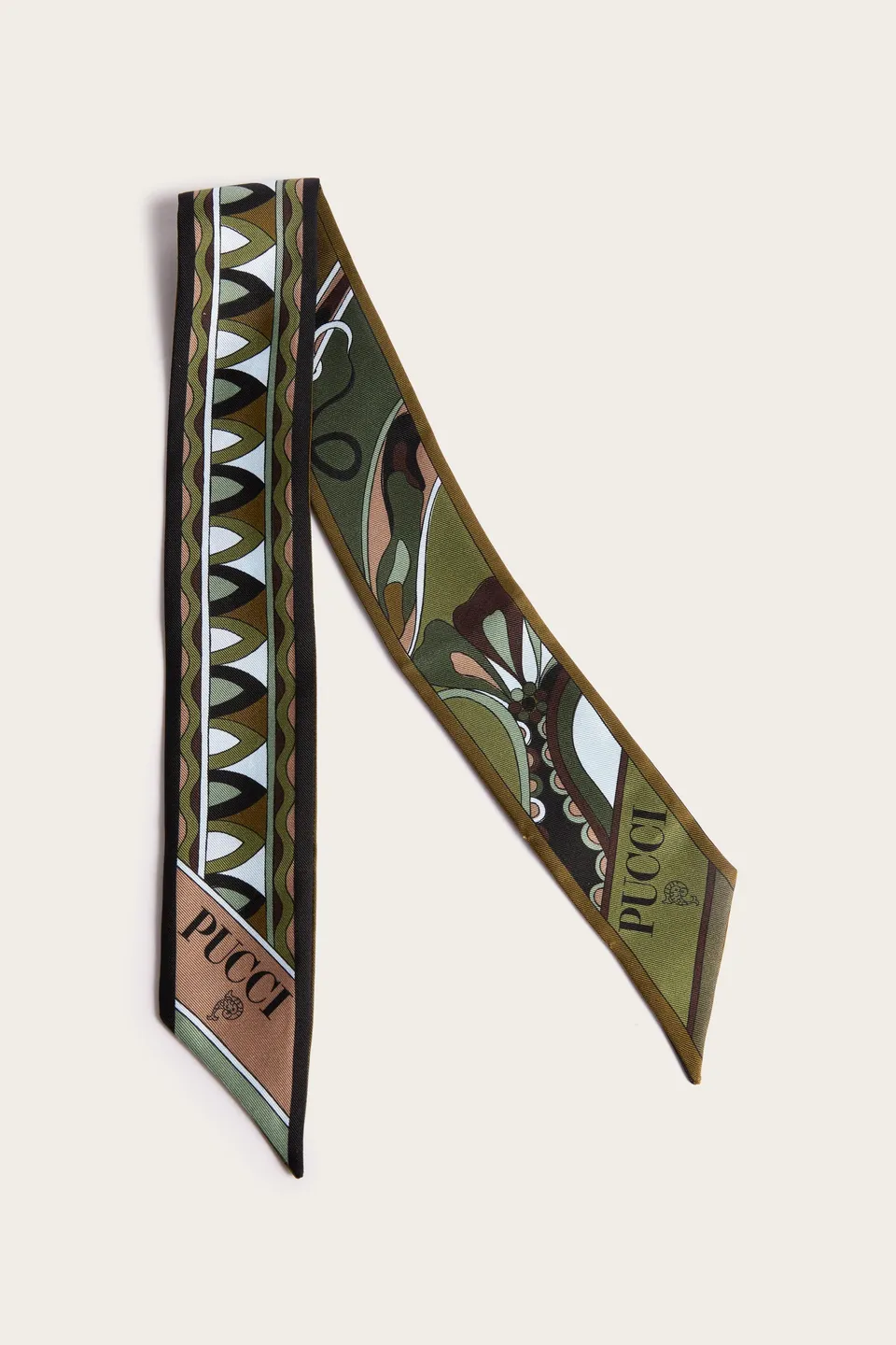 Emilio Pucci bandeau foulard soie kaki bleu 5x70 cm