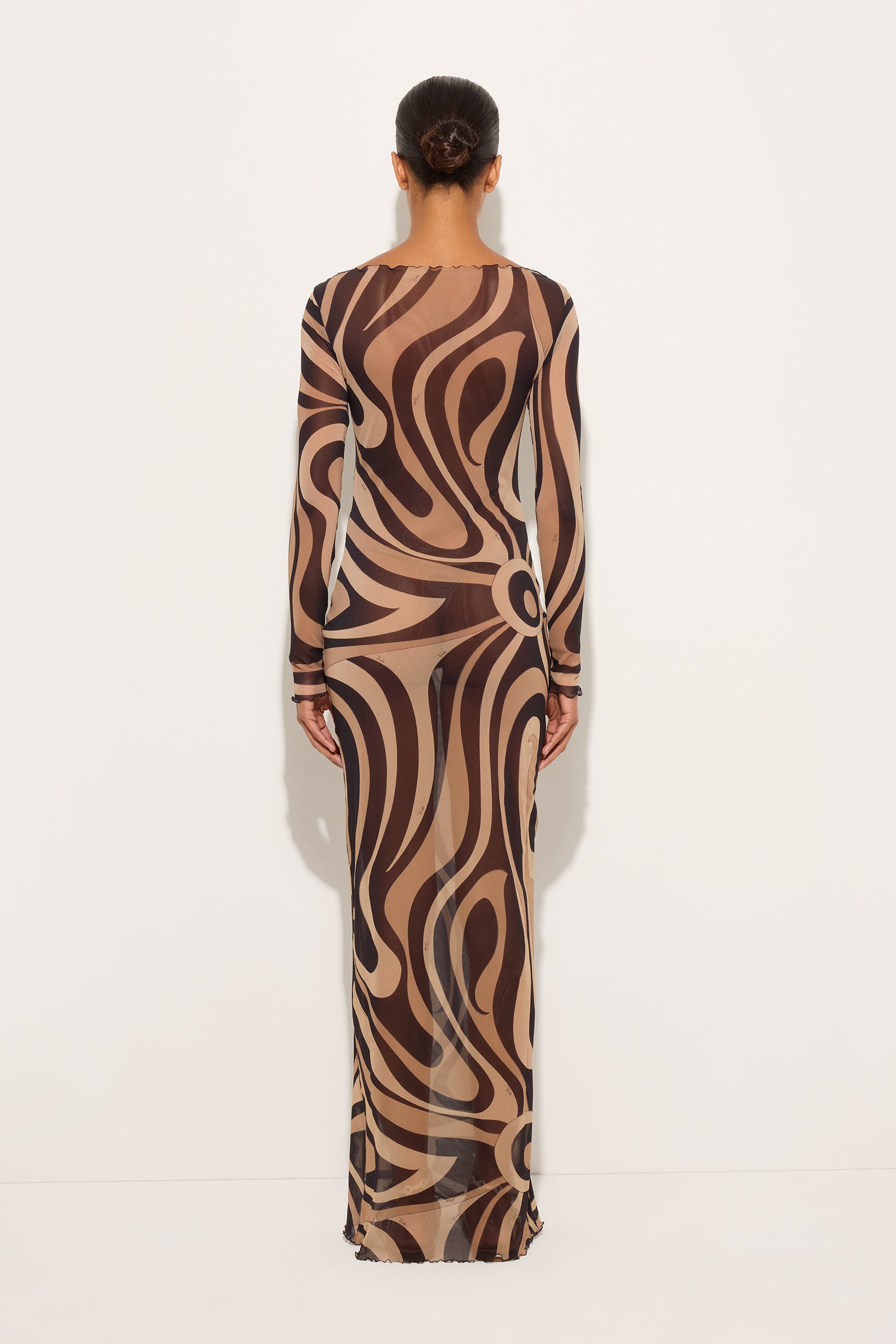 Emilio Pucci robe longue tulle beige noir Marmo adhérente