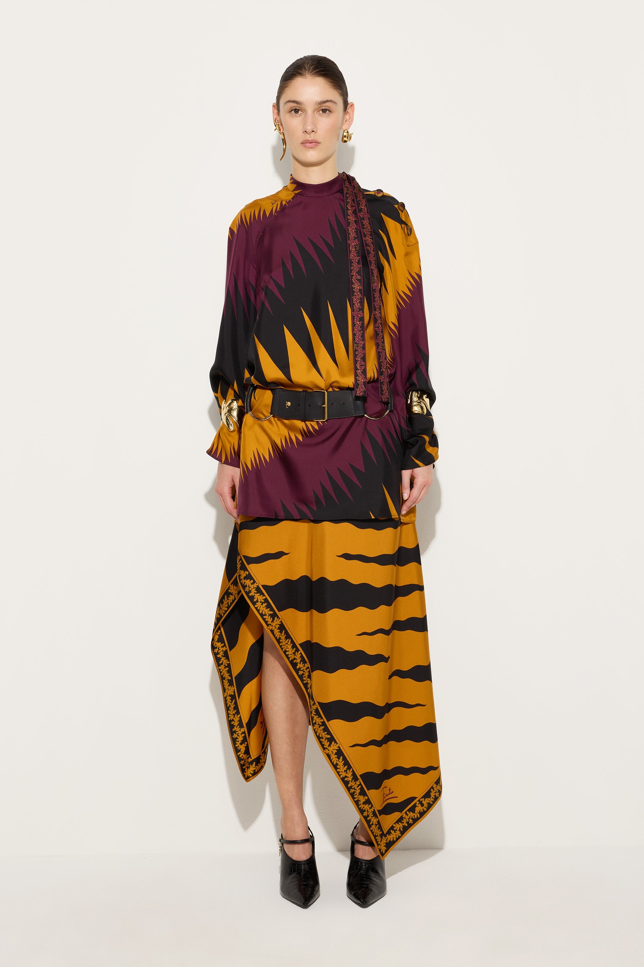 Emilio Pucci Fiamme jupe en soie bordeaux or 36-48