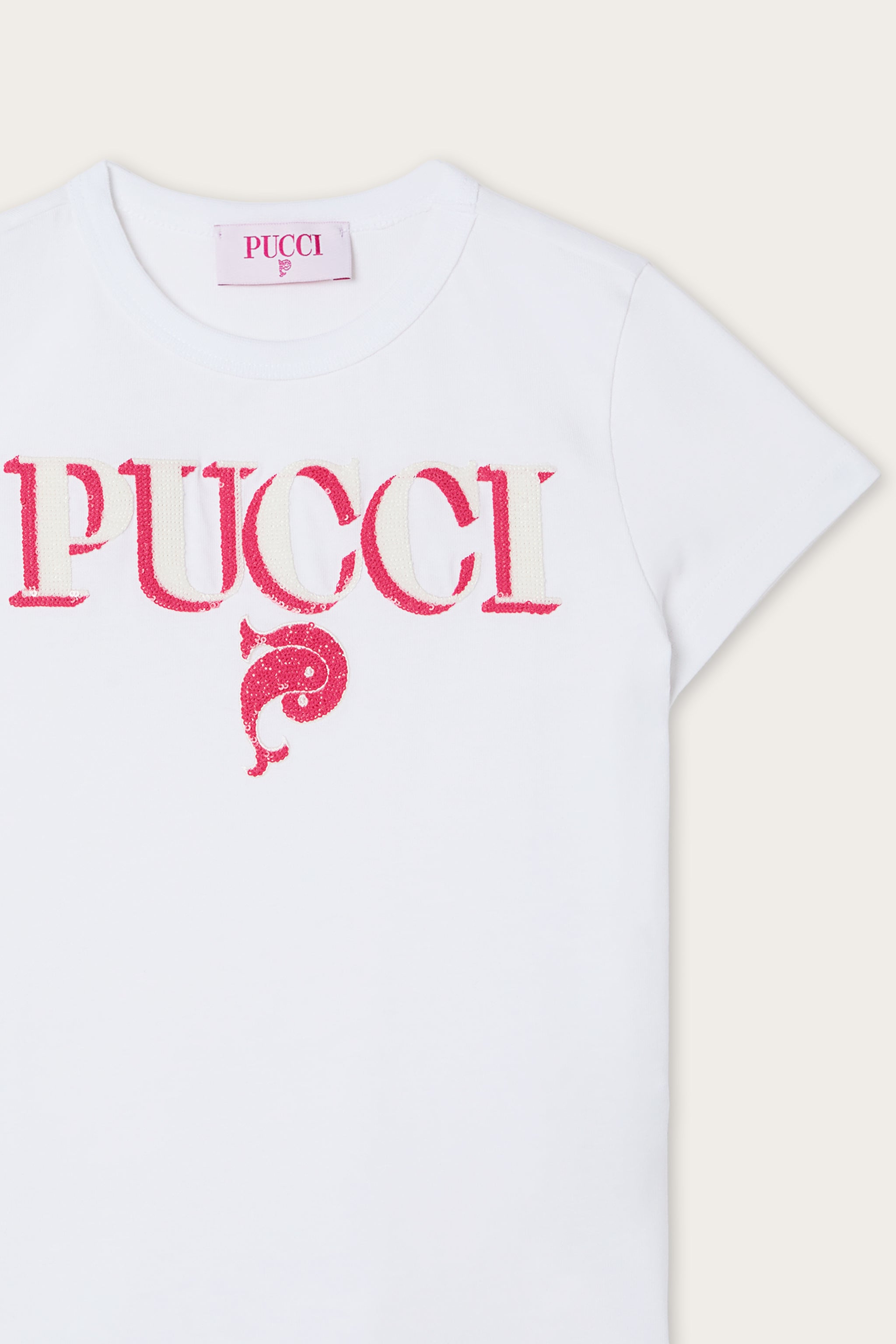 Emilio Pucci Logo t-shirt coton blanc fuchsia paillettes