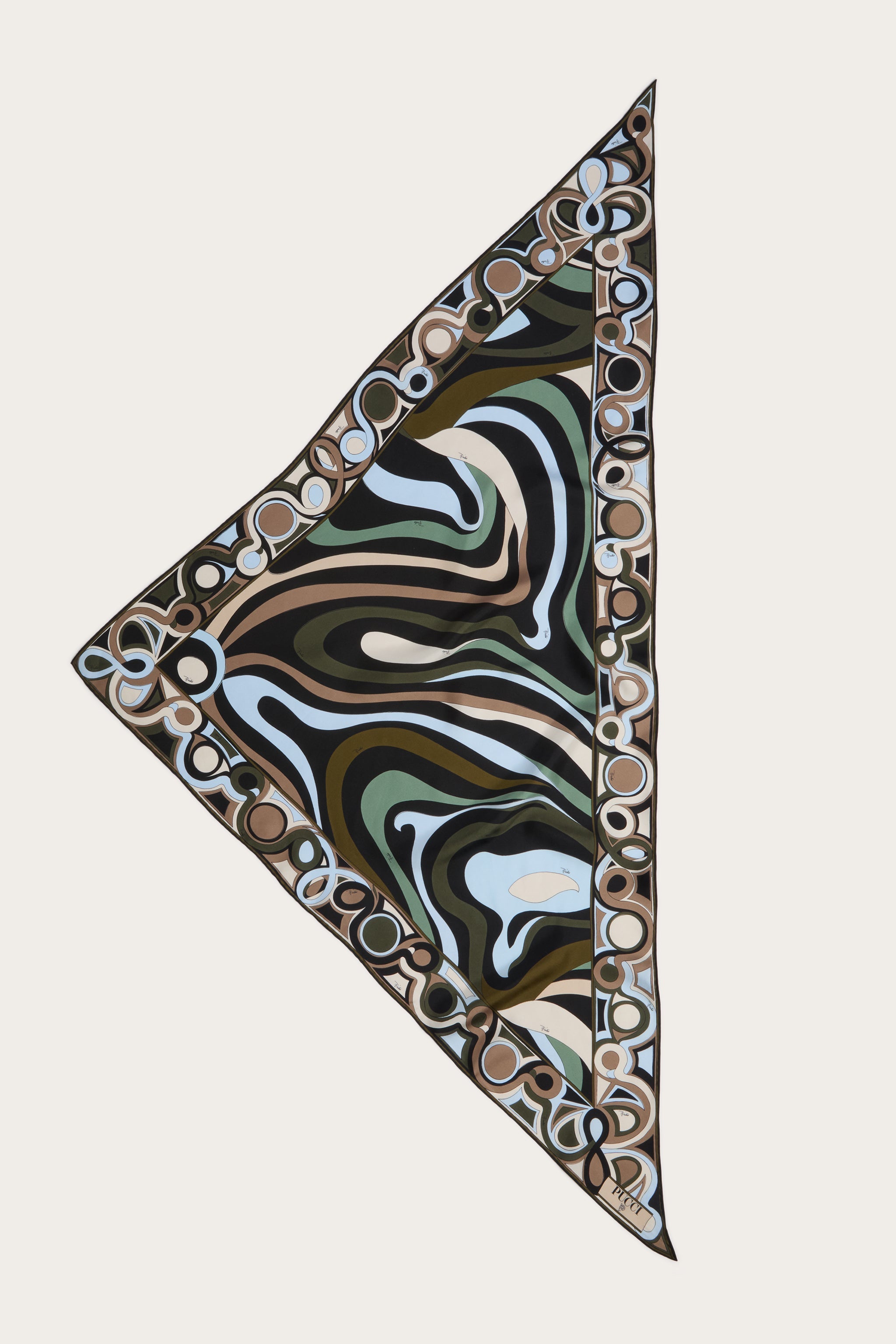 Emilio Pucci foulard triangle soie kaki bleu Marmo 120 cm