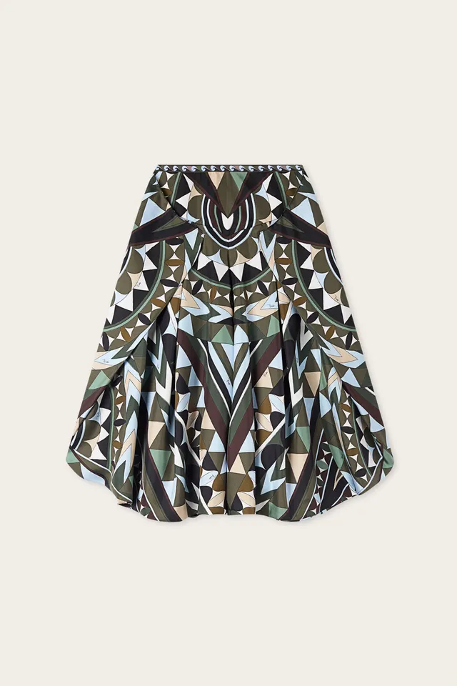 Emilio Pucci Pantalon Soie Kaki Bleu Imprimé Manuba