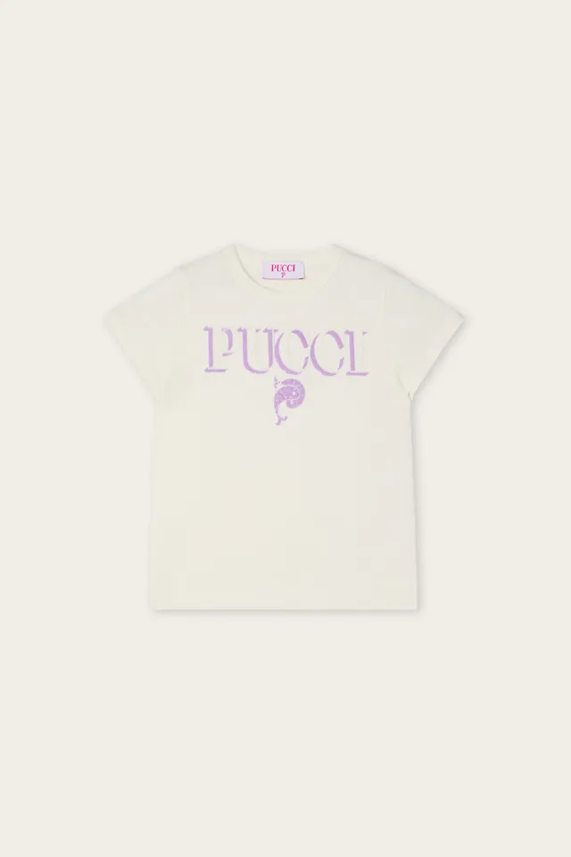 Emilio Pucci Junior T-Shirt Coton Ivoire Lilas Paillettes