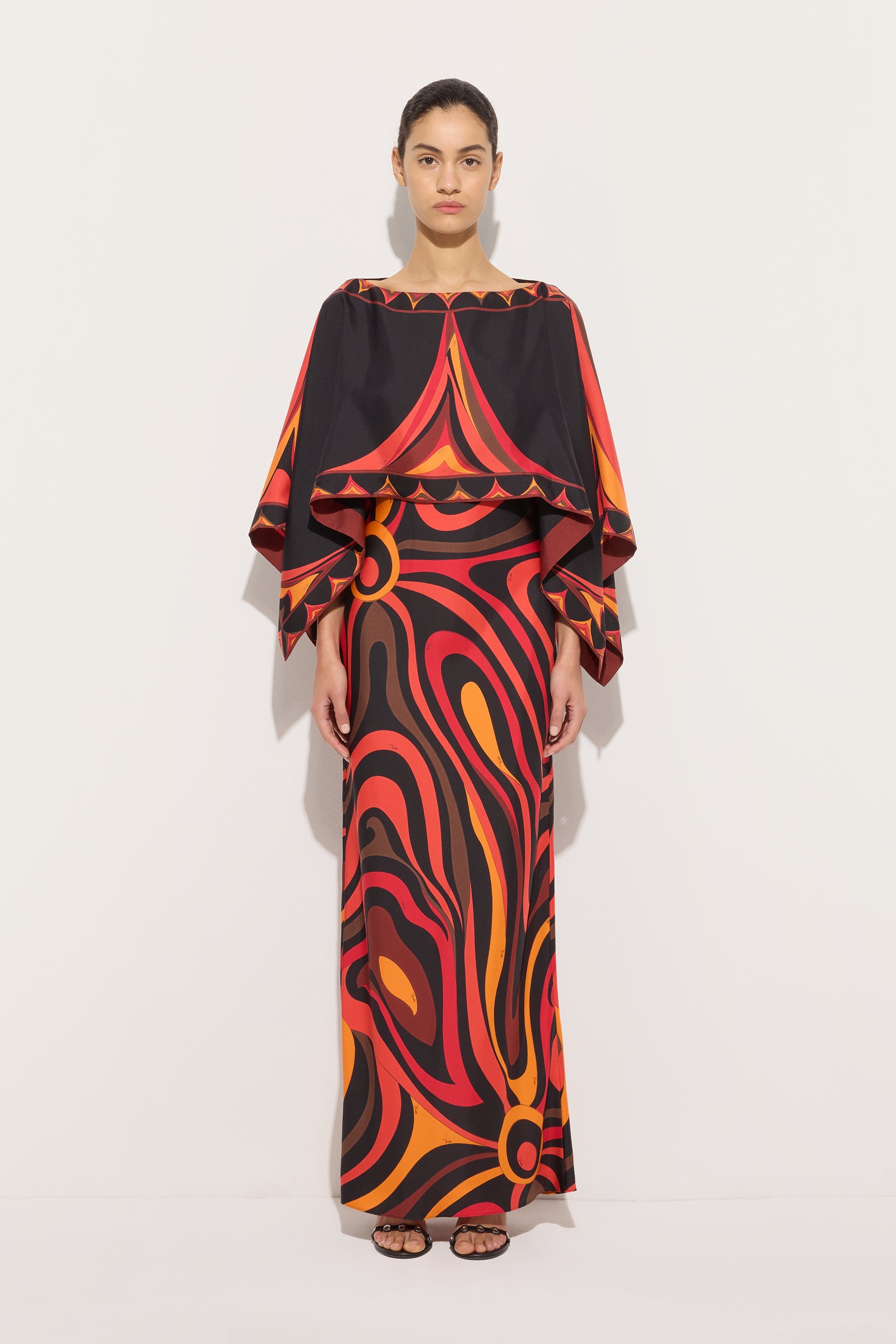 Emilio Pucci Marmo robe longue soie orange noir cape