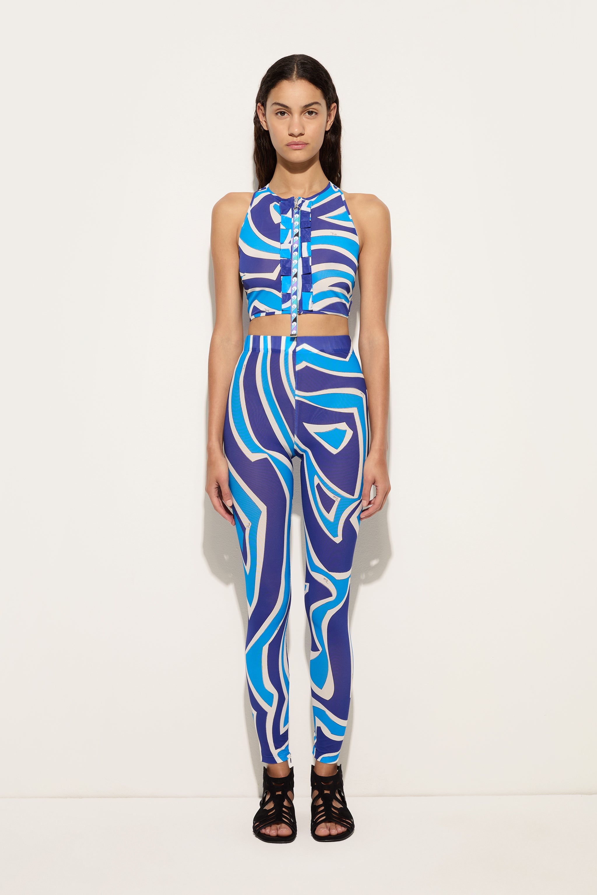 Emilio Pucci Top Mesh Turquoise Imprimé Labirinto Volants