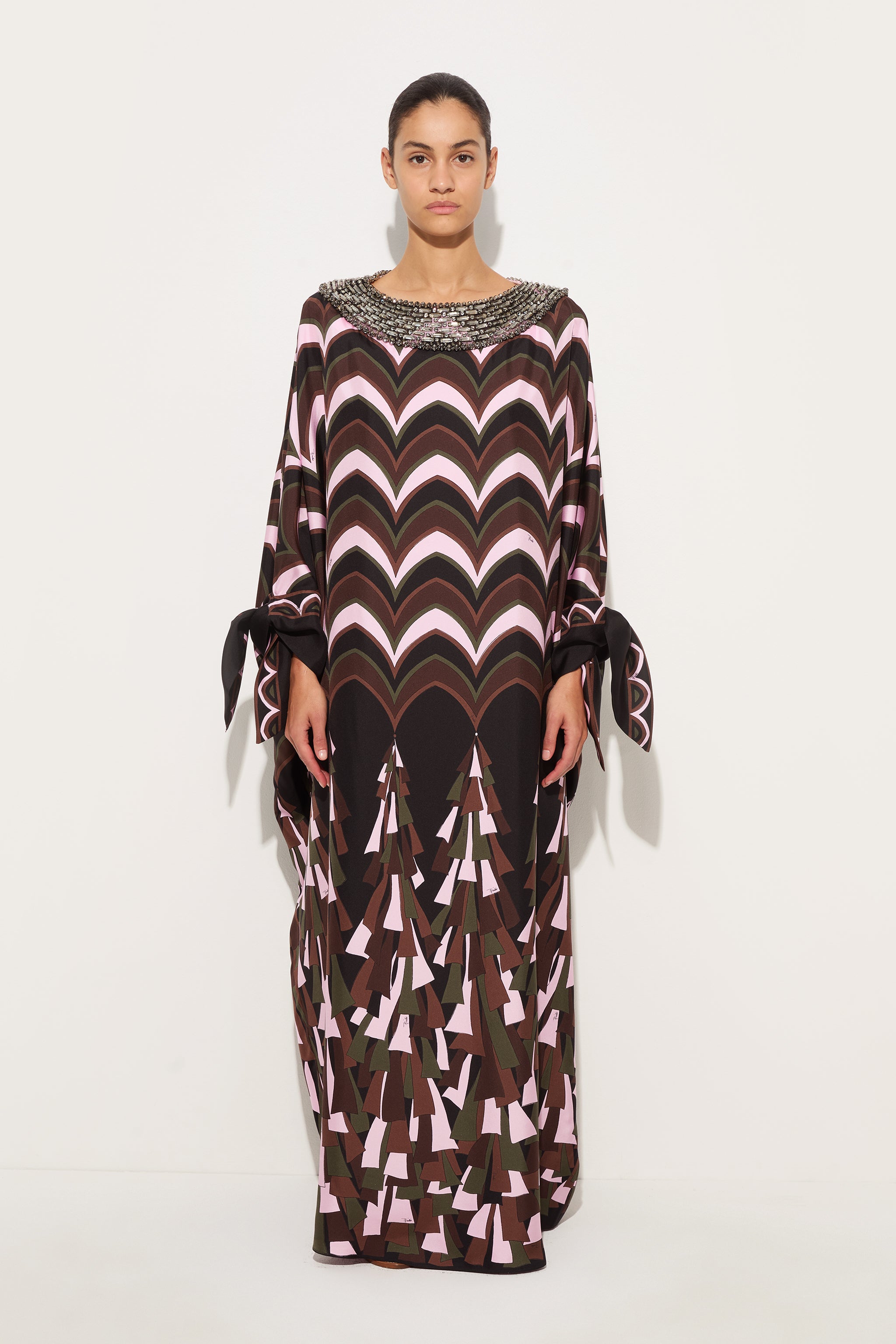 Emilio Pucci Caftano caftan soie kaki rose brodé main