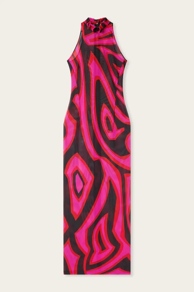 Emilio Pucci Labirinto robe moulante fuchsia noir maille volant