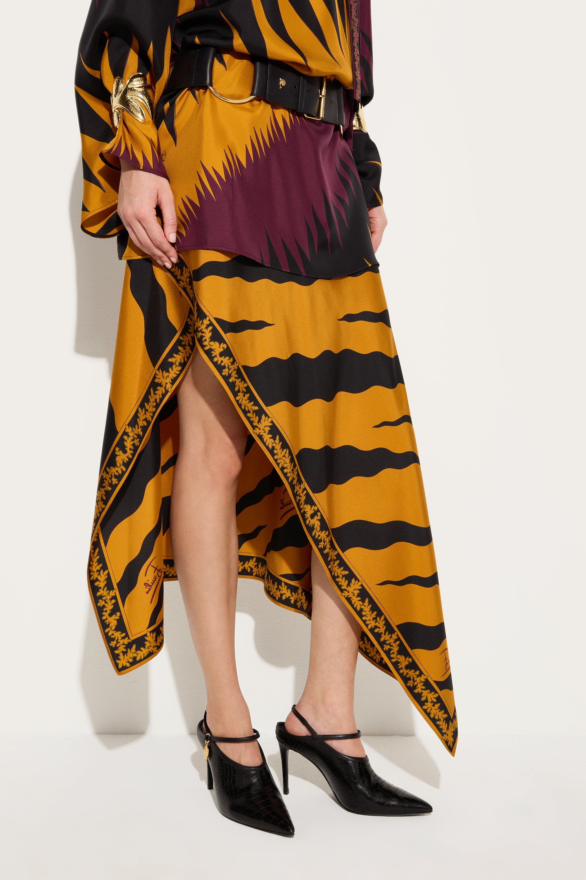 Emilio Pucci Fiamme jupe en soie bordeaux or 36-48