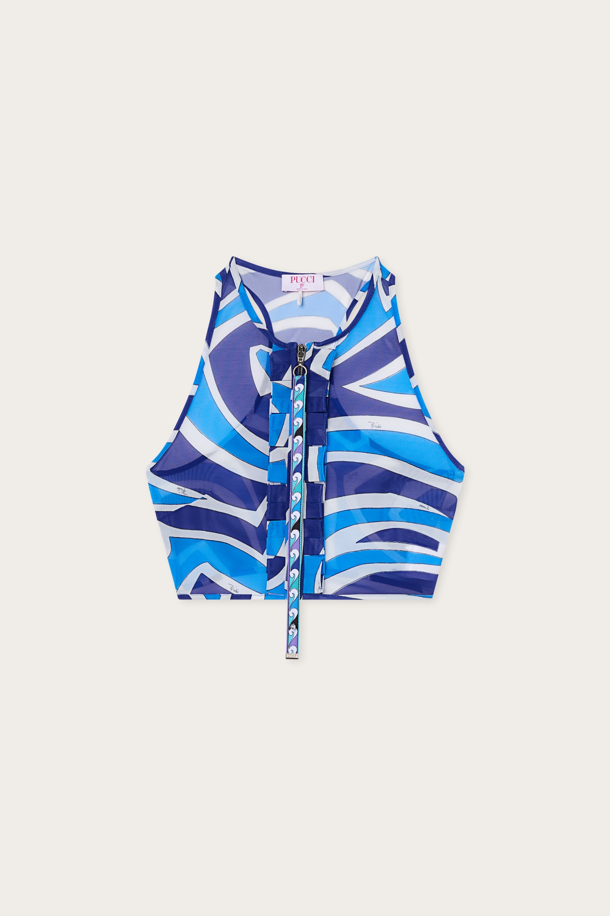 Emilio Pucci Top Mesh Turquoise Imprimé Labirinto Volants