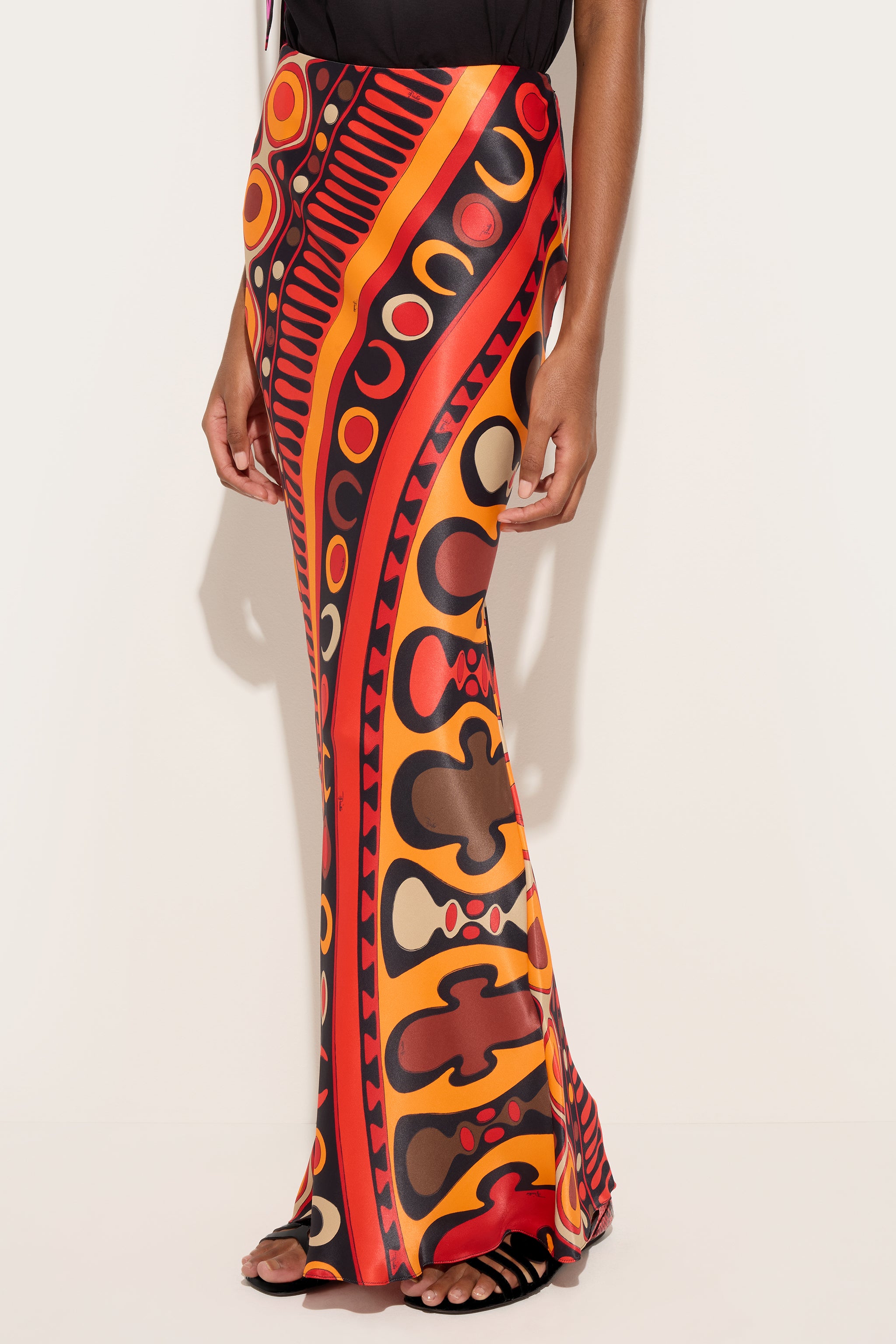 Emilio Pucci Soleil jupe longue orange noir 100% viscose
