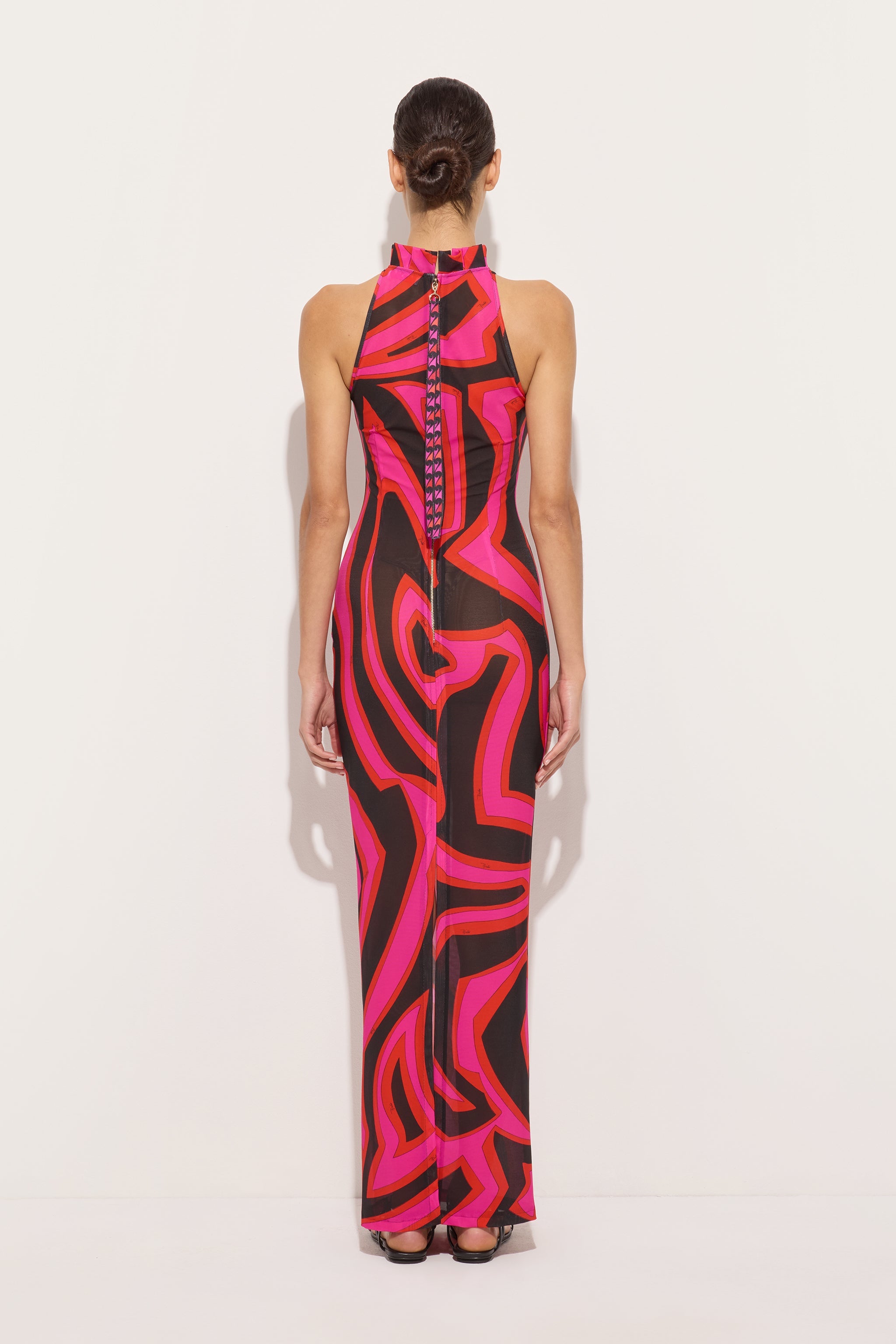 Emilio Pucci Labirinto robe moulante fuchsia noir maille volant