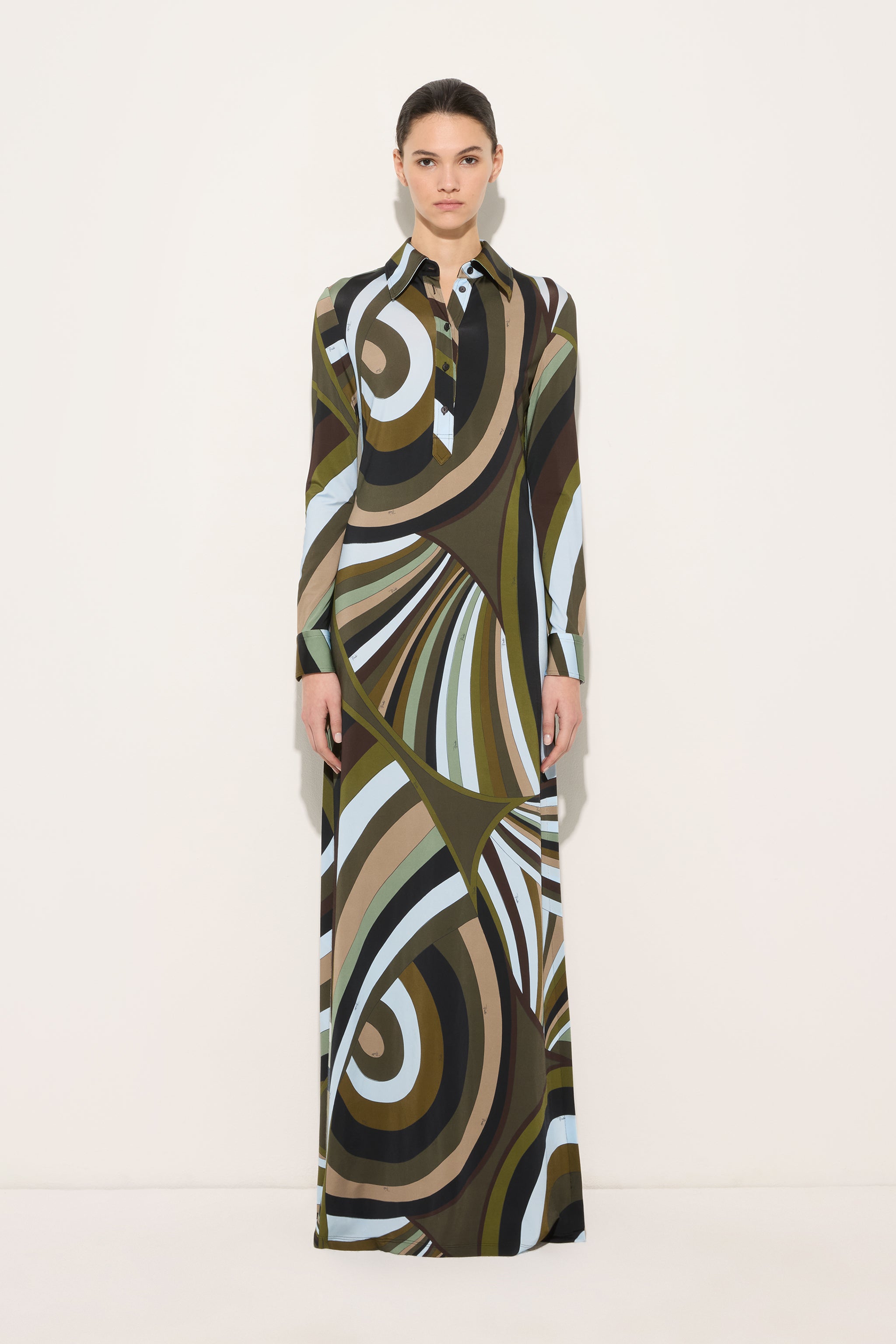 Emilio Pucci Iride robe chemisier kaki bleu 38 satin