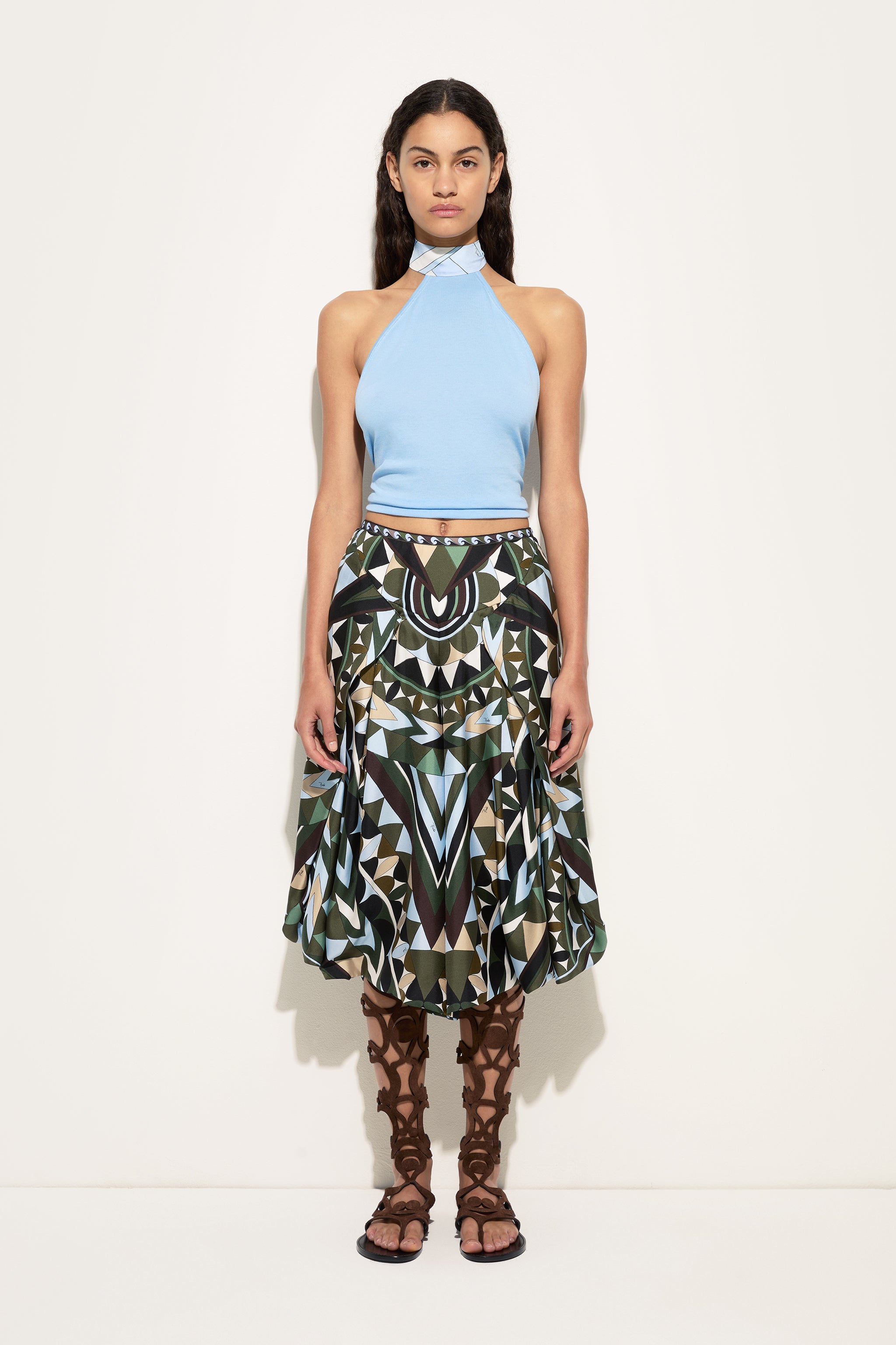 Emilio Pucci Pantalon Soie Kaki Bleu Imprimé Manuba
