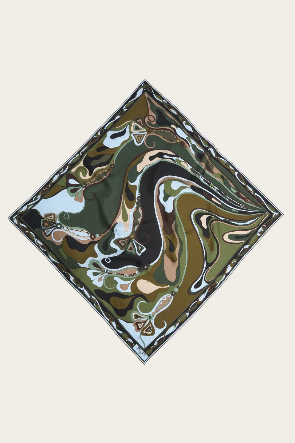 Emilio Pucci Foulard Soie Orchidées Kaki Noir 90x90