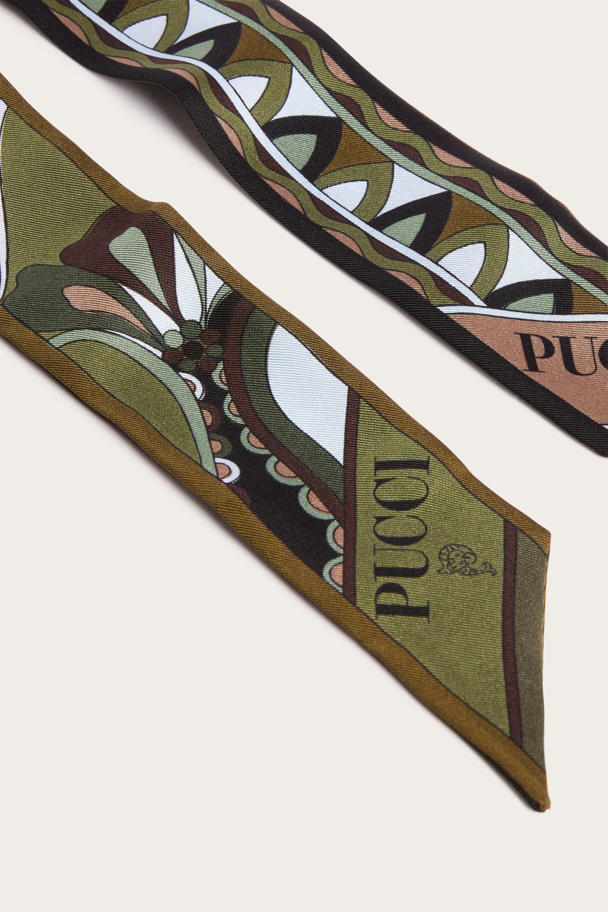Emilio Pucci bandeau foulard soie kaki bleu 5x70 cm