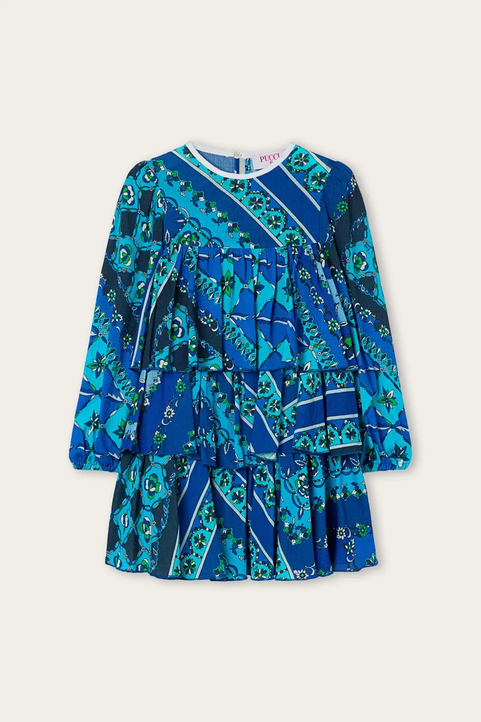 Emilio Pucci Festa robe fille bleue viscose volants 4-14Y