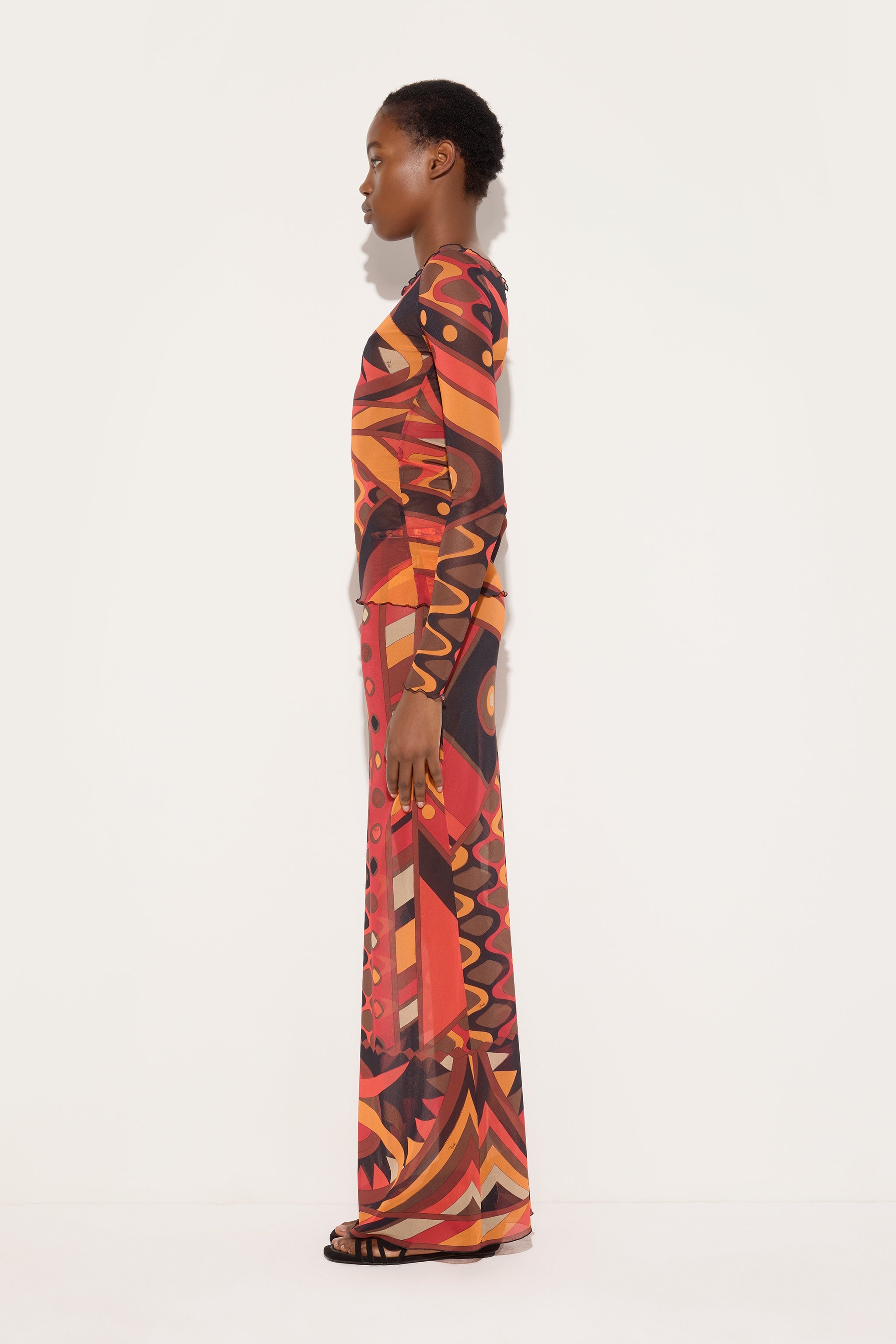 Emilio Pucci Vivara top en tulle orange noir manches longues