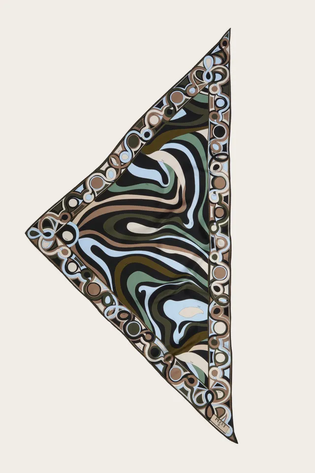 Emilio Pucci foulard triangle soie kaki bleu Marmo 120 cm