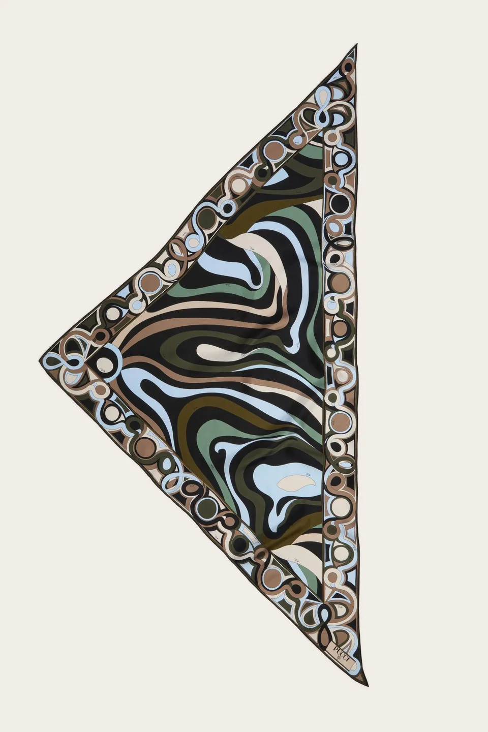 Emilio Pucci foulard triangle soie kaki bleu Marmo 120 cm