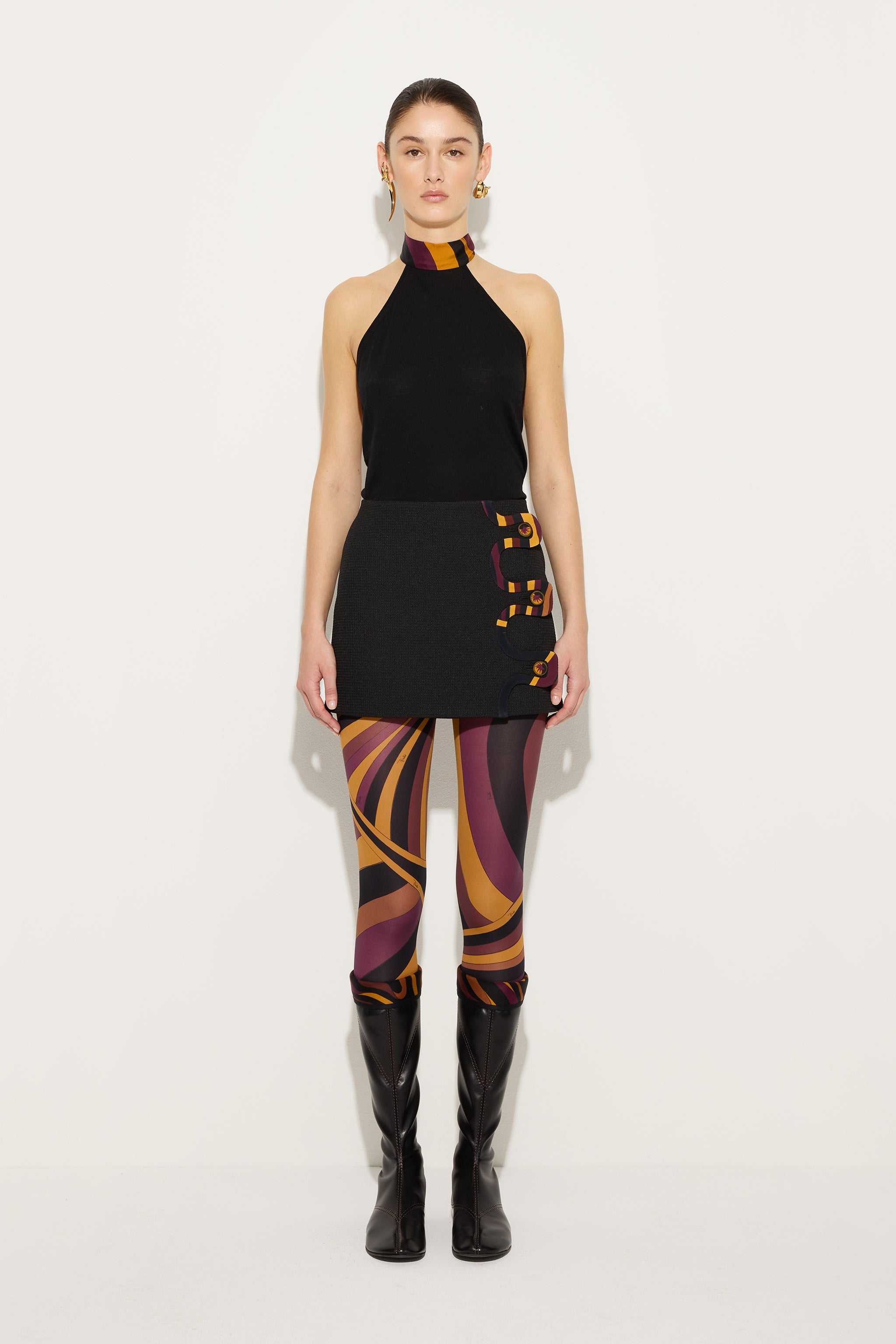 Emilio Pucci Top laine noire foulard soie S col américain